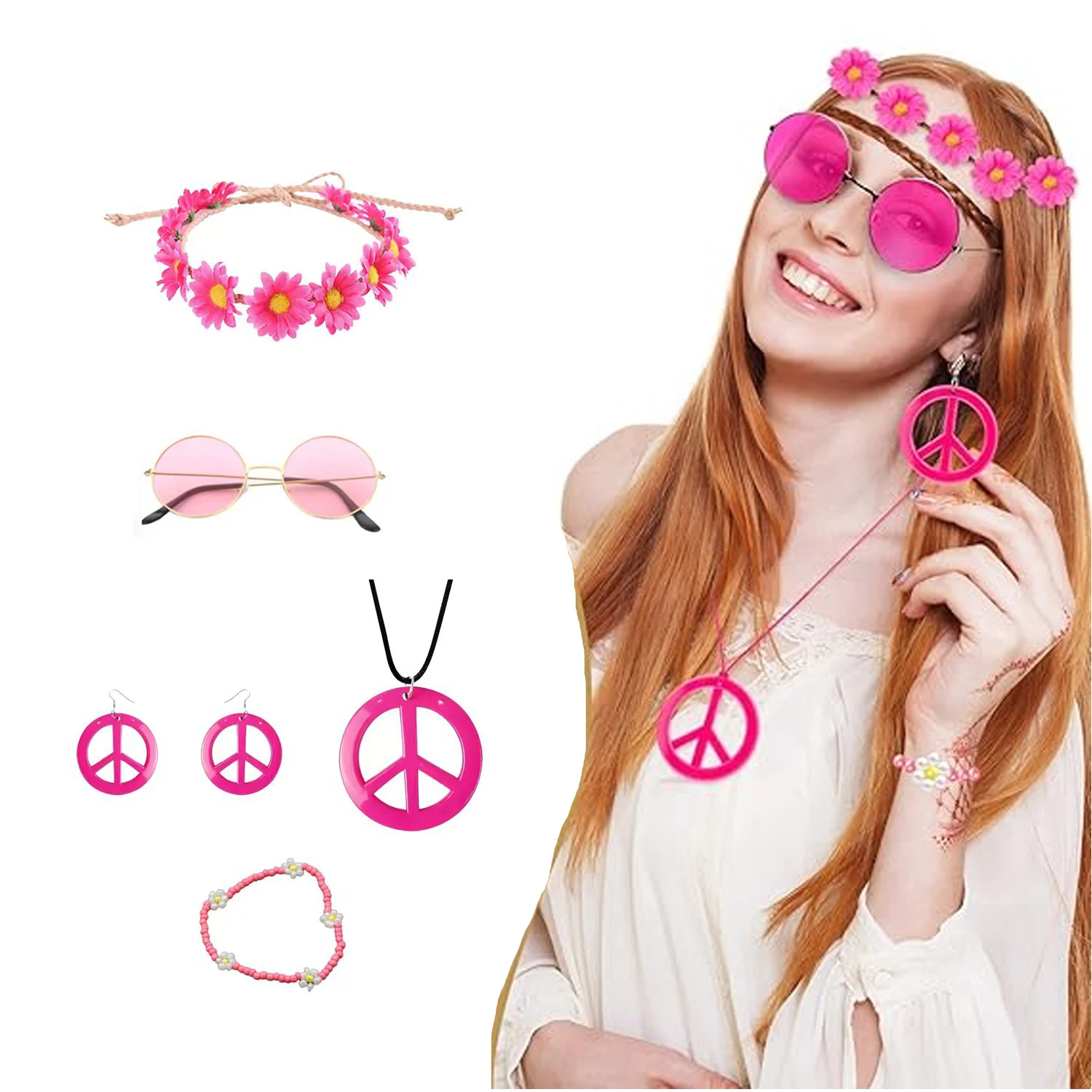 PESENAR Hippie Costume Accessories Set, Boho Peace Sign Daisy Flower 60s 70s Party Favors Decor for Groovy Party Women