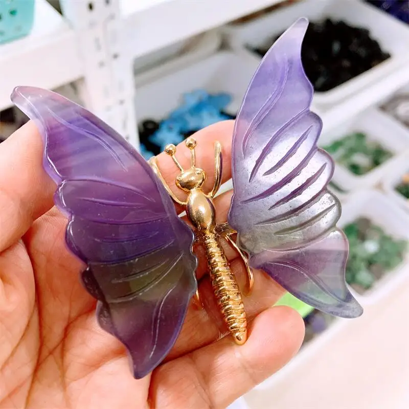 Natural Purple Fluorite Butterfly Figurine Gift Small Healing Crystal Gemstone Carved Sculpture Collection 1pcs