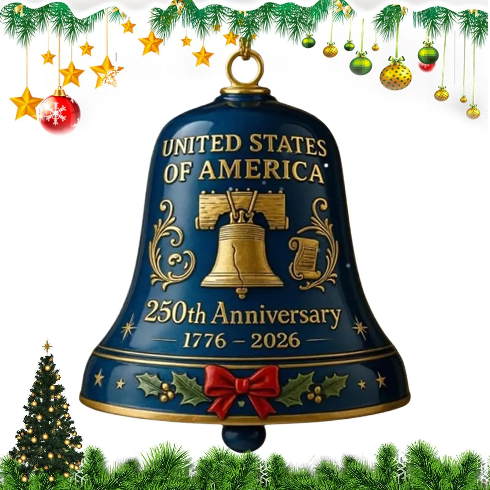 

US 250th Anniversary Patriotic Wind Chime Bells Vintage Carved Decor for Christmas Tree Front Door Fence & Fireplace 6x6cm
