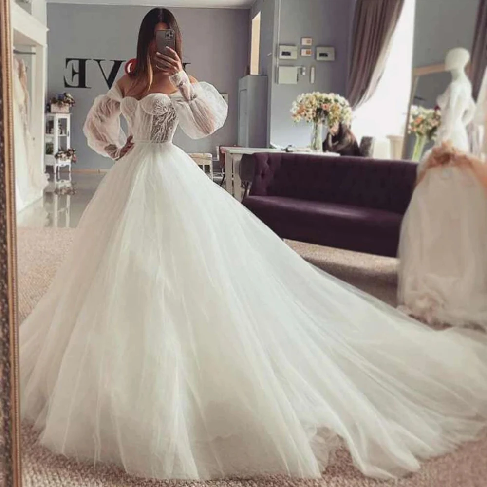 

Fascinating Sexy Off Shoulder Fluffy Sleeve Princess Mopping Wedding Dresses For Women Bride Romantic Lace Bridal Gown New 2023