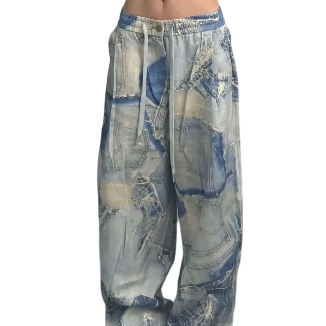 Jeans de perna larga cintura alta para mulheres, renda para cima, cintura esfarrapada, estilo hip-hop, calças jeans femininas, streetwear Y2K, tamanho grande