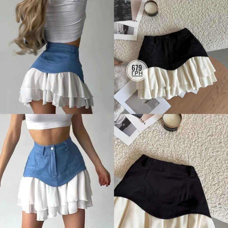 

Summer New Ruffled Patchwork Denim Skirt Petite High-Waist Tiered Skirt Women's Fashion Casual Skirt Sweet Design A-line Skirt