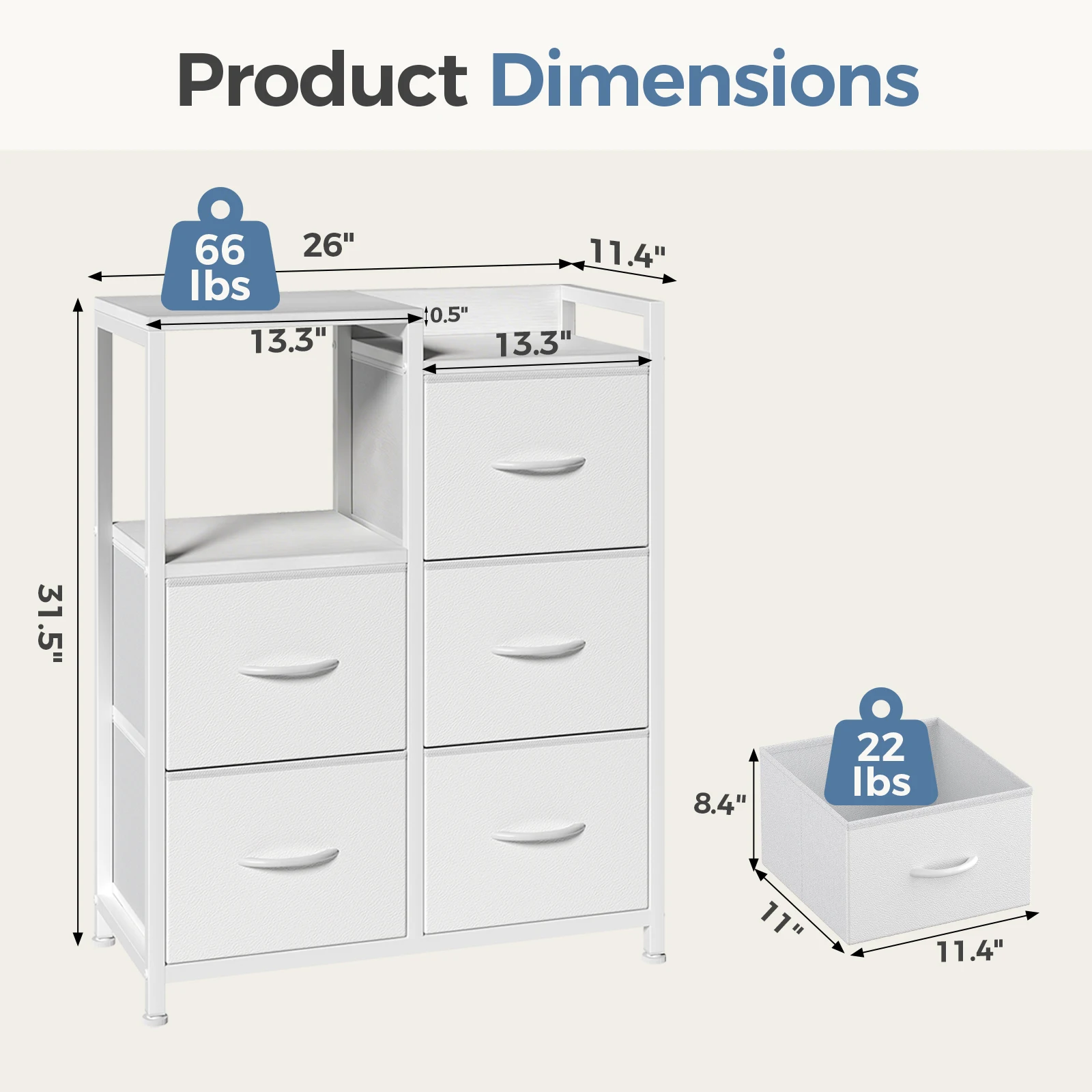 MCQ Fabric 5 Drawers Cabinet And Open Grid For Living Room Storage Cabinet Organizer with 2 Tier Shelf Beside Nightstand Dresser Tables Display Furniture