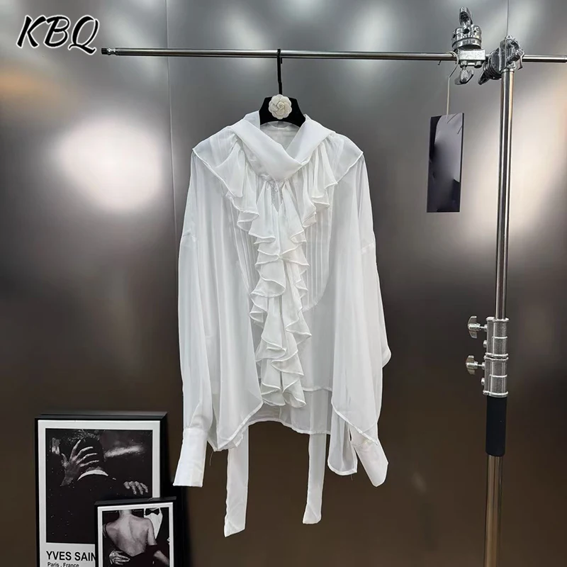 

KBQ Французская однотонная свободная блузка с оборками для женщин, свободная шелковая рубашка с круглым вырезом и длинными рукавами, женская модная новинка