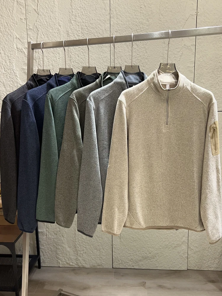 

Outdoor Lightweight Knitted Fleece Pullover Hoodie Men's Casual Stand Collar Half Zipper Sweatshirt Polyester Fiber Warmth