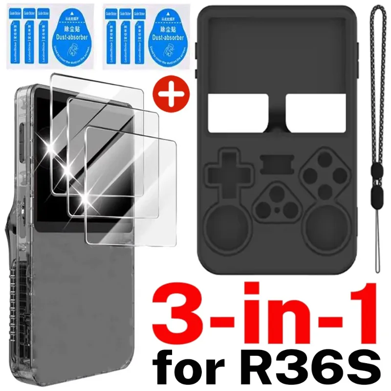 For R36S Silicone Protective Case with Lanyard & Tempered Glass Film for R36S Game Console Shockproof Cover & Screen Protector