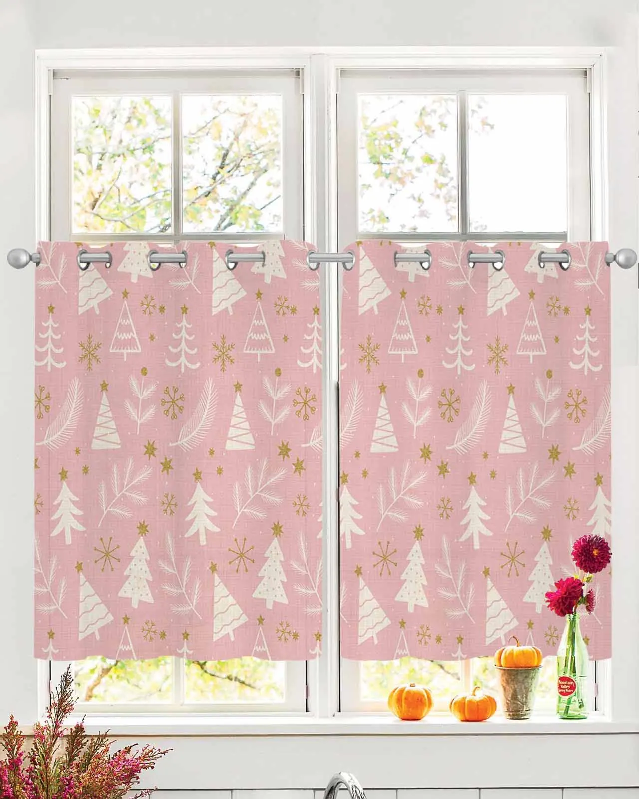 

2pcs Tulle Window Curtains Pink Winter Christmas Tree Snowflakes Pine for Living Room Bedroom Chiffon Sheer Voile Window Curtain