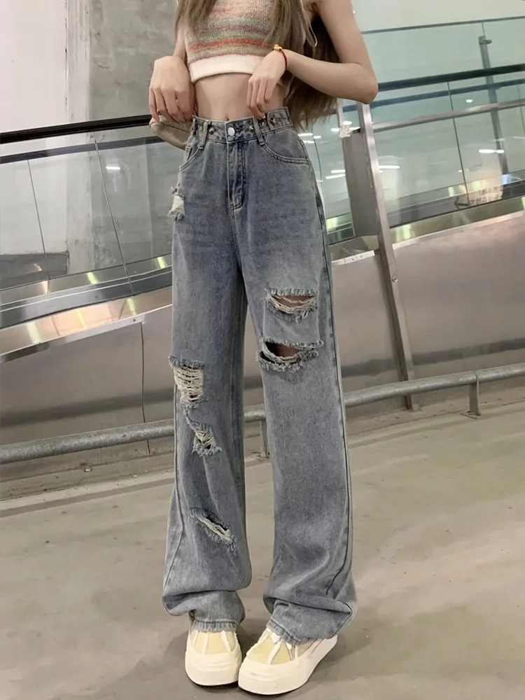 

American Style High Waist Ripped Straight Leg Jeans Women's Spring Summer plus Size Loose Wide Leg Slimming Floor Length Pants