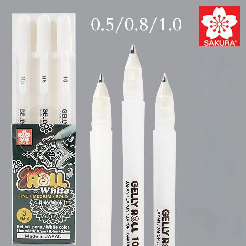 SAKURA Gelly Roll-rotuladores de Gel, 3 piezas, marcador para diario, dibujo artístico, tinta blanca clásica, punto surtido, fino, medio, atrevido