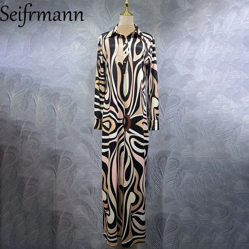 

Seifrmann 2026 Summer Women's clothing New style Fashionable lapel Long Sleeve Printed Loose Long Dress