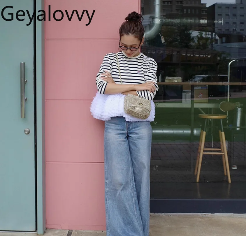 

Футболка с длинными рукавами и пышным подолом в японском стиле, плотная плиссированная пряжа, лоскутная полосатая футболка с круглым вырезом, хлопковый милый женский универсальный топ