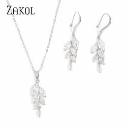 ZAKOL Poland Style Cubic Zirconia Leaf Hook Earrings Necklace Set for Women Elegant Bridal Wedding Party Jewelry Dress