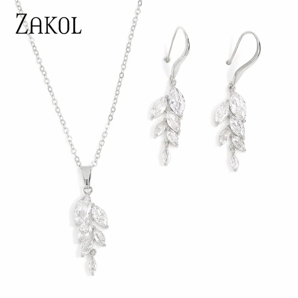 ZAKOL Poland Style Cubic Zirconia Leaf Hook Earrings Necklace Set for Women Elegant Bridal Wedding Party Jewelry Dress