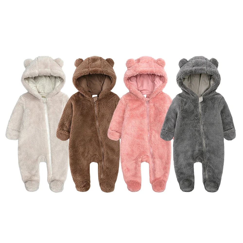 

2025 Fall Newborn Bear Ear Hooded Fuzzy Onesie Outfit Warm Footed Baby Romper Zipper Closure Infant Boys Girls 100 Days Jumpsuit