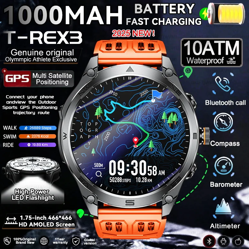 

2025 New 1000mAh Large Battery Built-in GPS Sports Smart Watch Men Compass BT Call Health Monitoring 10ATM Waterproof Smartwatch