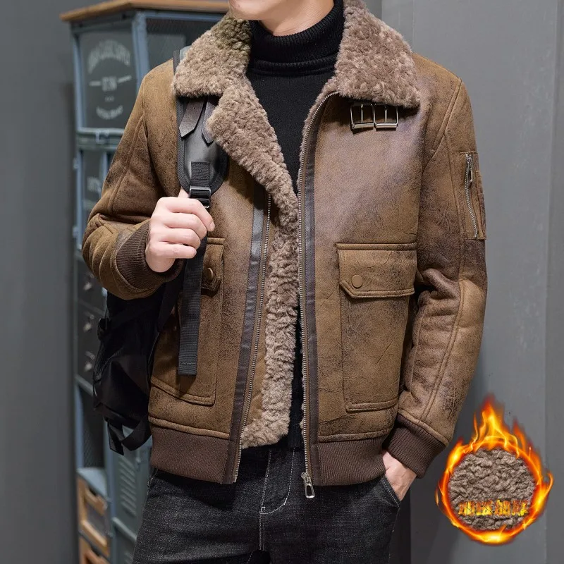 

Зимняя мужская повседневная плюшевая куртка, однотонная шерстяная куртка на молнии, теплое пальто с длинными рукавами и отложным воротником, шерстяная куртка из натуральной кожи