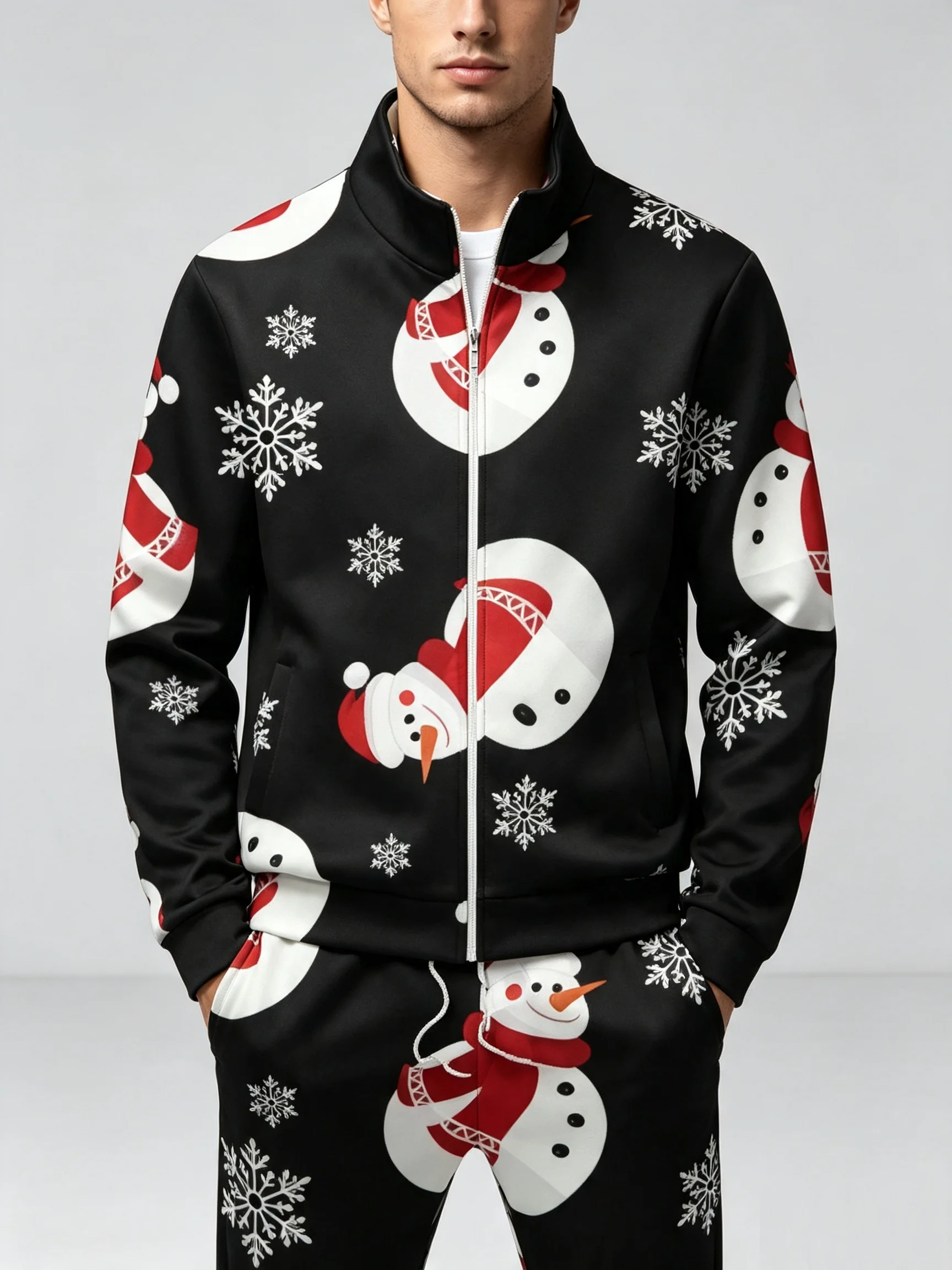 Snowman Christmas Print Men Tracksuit Set Full Zip Stand Collar Sweatshirt Elastic Waist Jogger Pant Winter Holiday Party Matchi