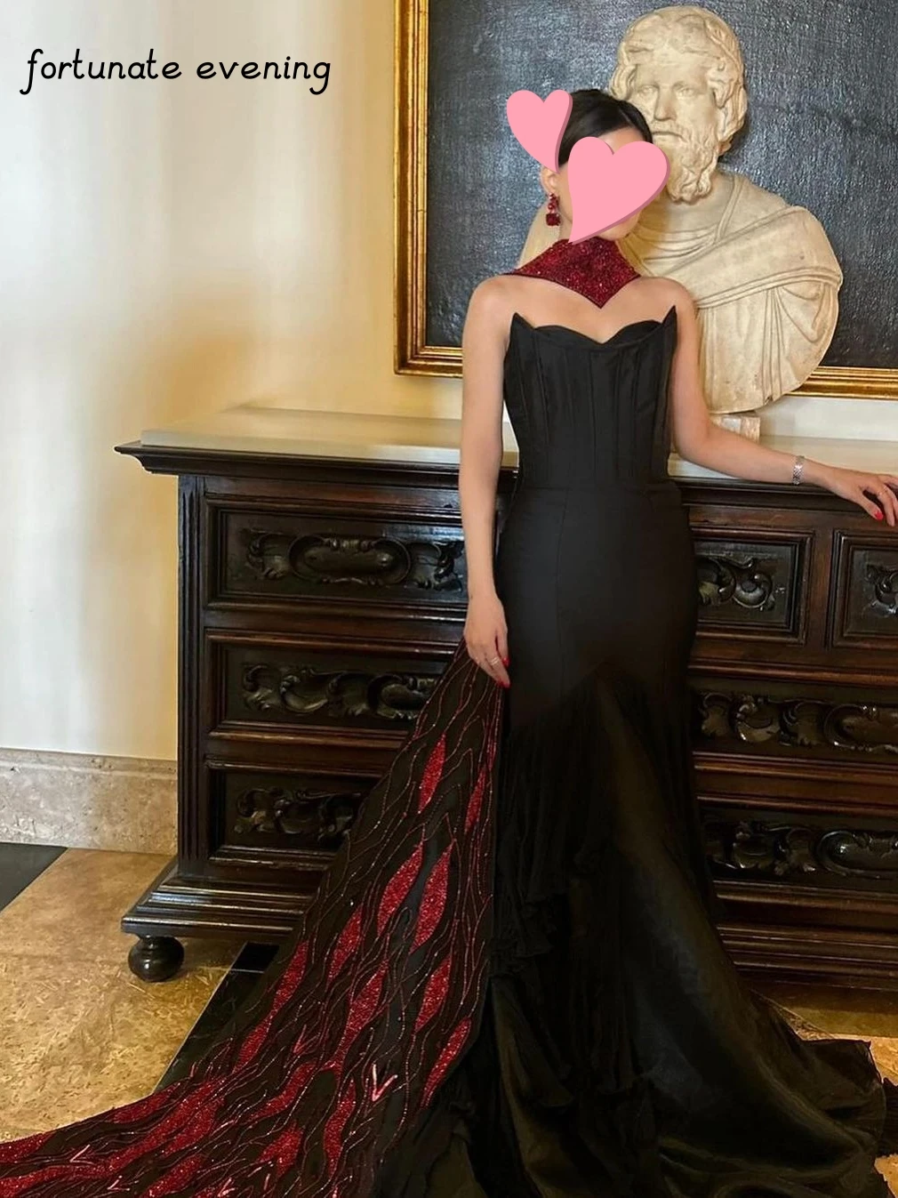 Fortunate Evening Elegant Vintage Sexy Black Red Beads Lace Mermaid Strapless Formal Occasion Prom Dress Evening Party Gowns