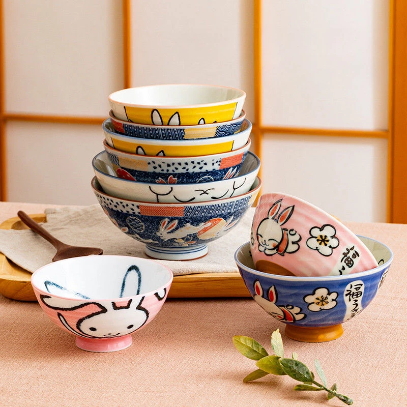 Japanese Cartoon Rabbit Ceramic Bowl, Household Underglaze Color Cute Rice Bowl, Kitchen Tableware Soup Bowls,moving Gift Set