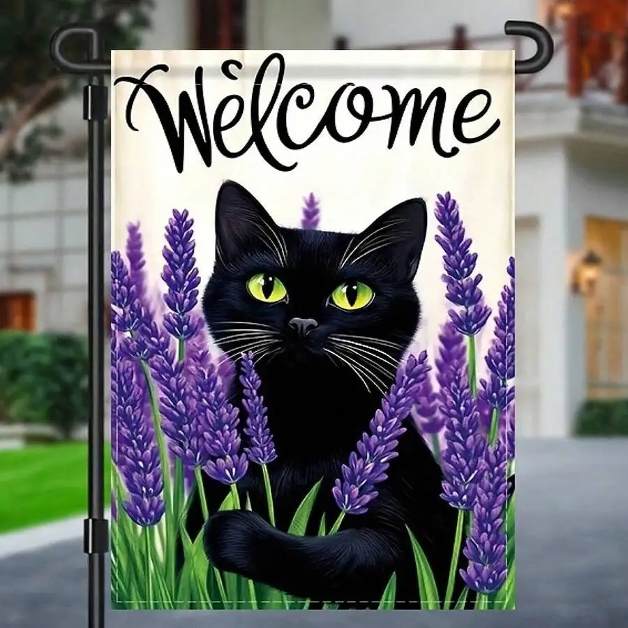 

2D Flat 1pc Welcome Black Cat Lavender Garden Flag, 12x18 Inch Double Sided Floral Spring Summer Outdoor Yard Decor, No Flagpole