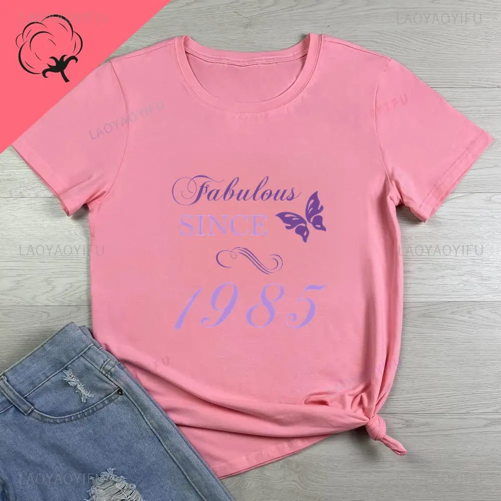 تي شيرت محظوظ لمدة 40 عامًا - تي شيرت قطني منقوش بأكمام قصيرة على الموضة لصيف 1985 #4