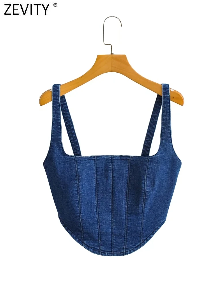 Zevity Women Sexy Blue Elastic Denim Sling Blouse Female Summer Back Zipper Slim Short Smock Shirt Chic Crop Blusas Tops LS2543