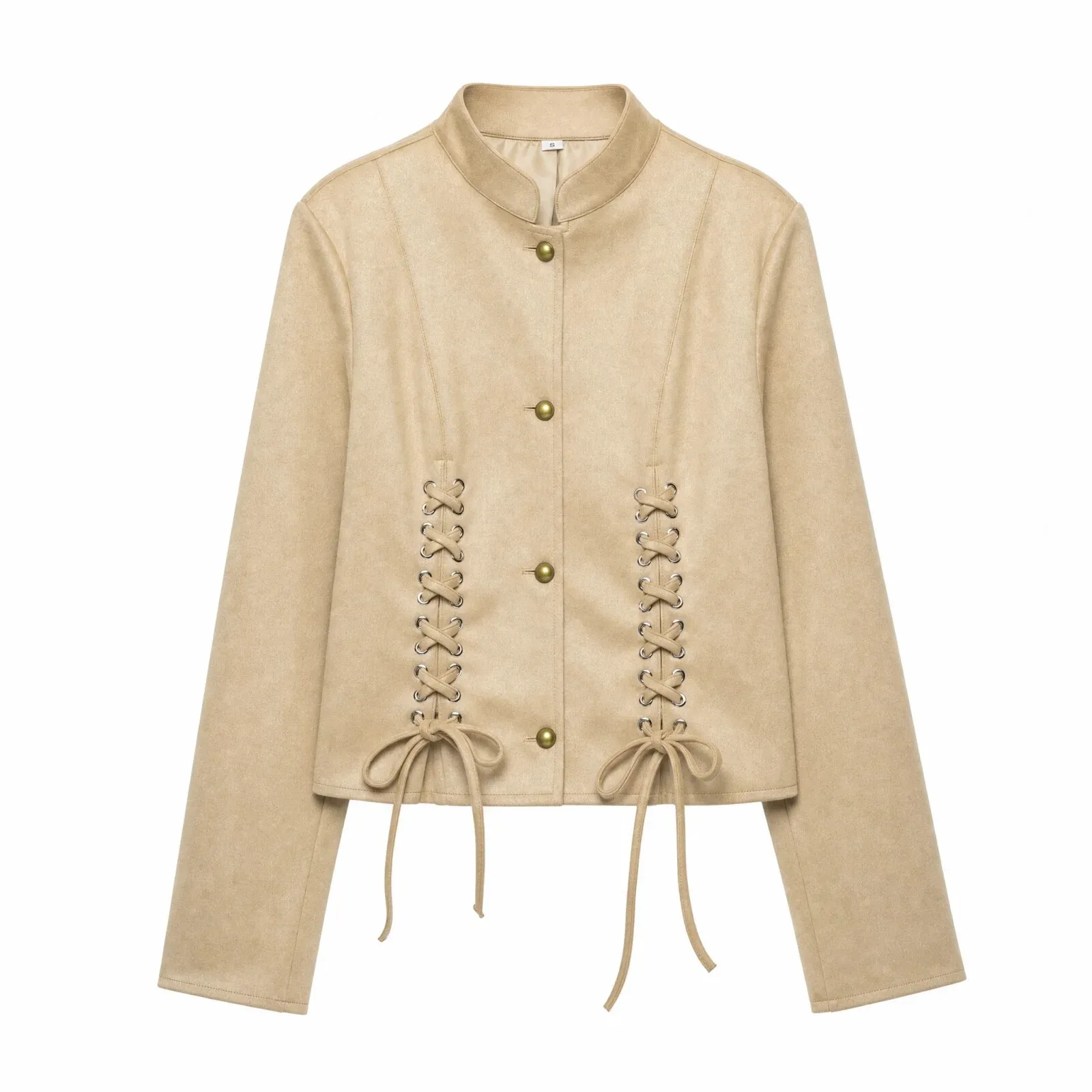 European and American Style 2026 Autumn New Style Simple Stand-Up Collar Long-Sleeved Strap Design Suede Jacket