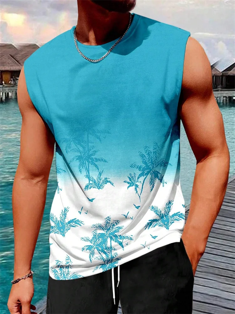 Stylish Men\'s Vacation Hawaiian Vest Gradient Coconut Print Casual Yacht Party Vest Plus Size Mens Resort Breathable T-Shirt Top