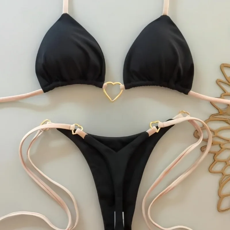 Costumes deux pièces femmes Sexy Bikinis ensemble coeur licou cou sangle string filles Bikini maillot de bain ensembles maillots de bain Biquini maillot de bain