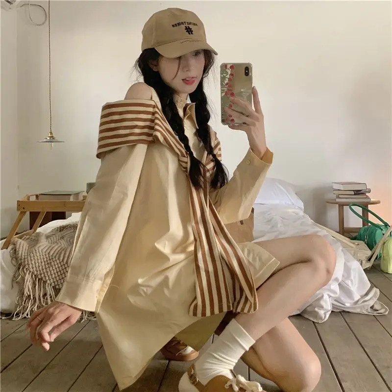 Off-the-shoulder Lapel Neck Shirt Dress Women 2024spring Summer Design Loose Vestidos Niche Korean Chic Short Dress