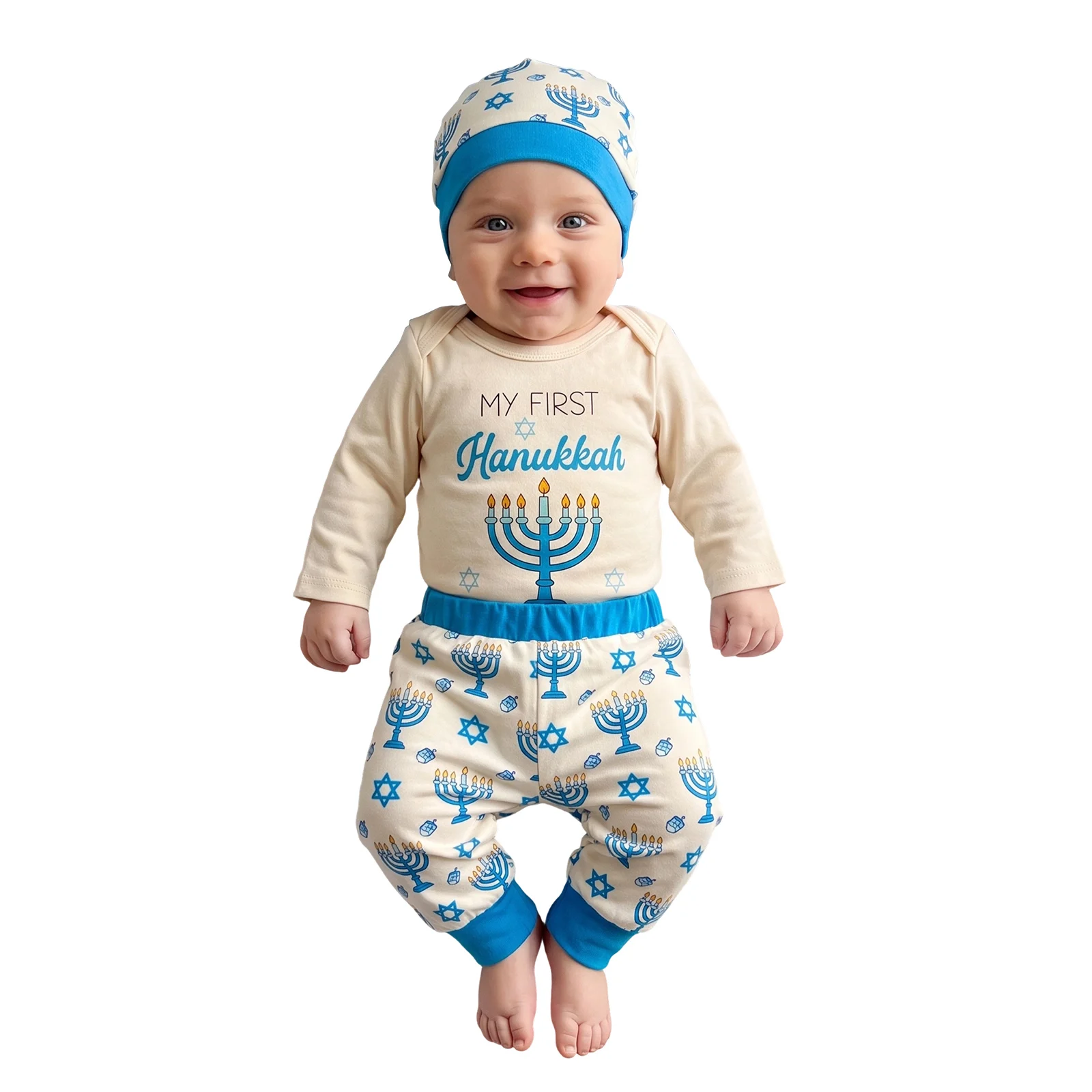 Baby Boys First Hanukkah Outfits Dreidel Menorah Print Romper Pants Hat