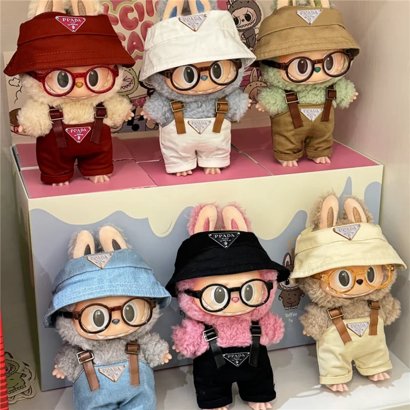 

For 15 17cm Labubu Mini Doll Clothes Outfit Fisherman Hat Glasses Labubu II Doll Accessories Clothing Sitting Party Game Toys