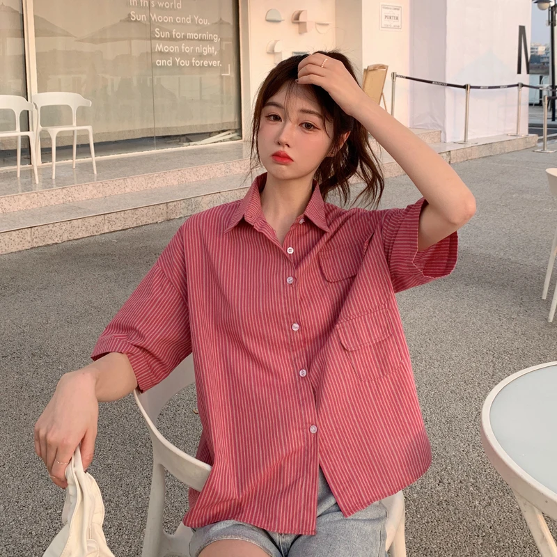 Shirts Women Casual Pockets All-match Turn-down Collar Fashion Single Breasted Thin Loose Summer Comfortable Breathable Students