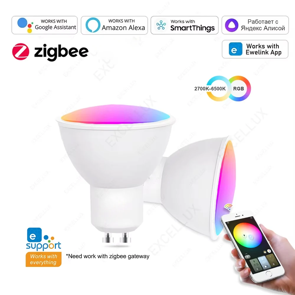 Zigbee Smart GU10 Led Light Bulb,RGBCW Color Changing&Dimmable,ZigBee Connection,Voice Control with Alexa/Google,For Ewelink/Z2M