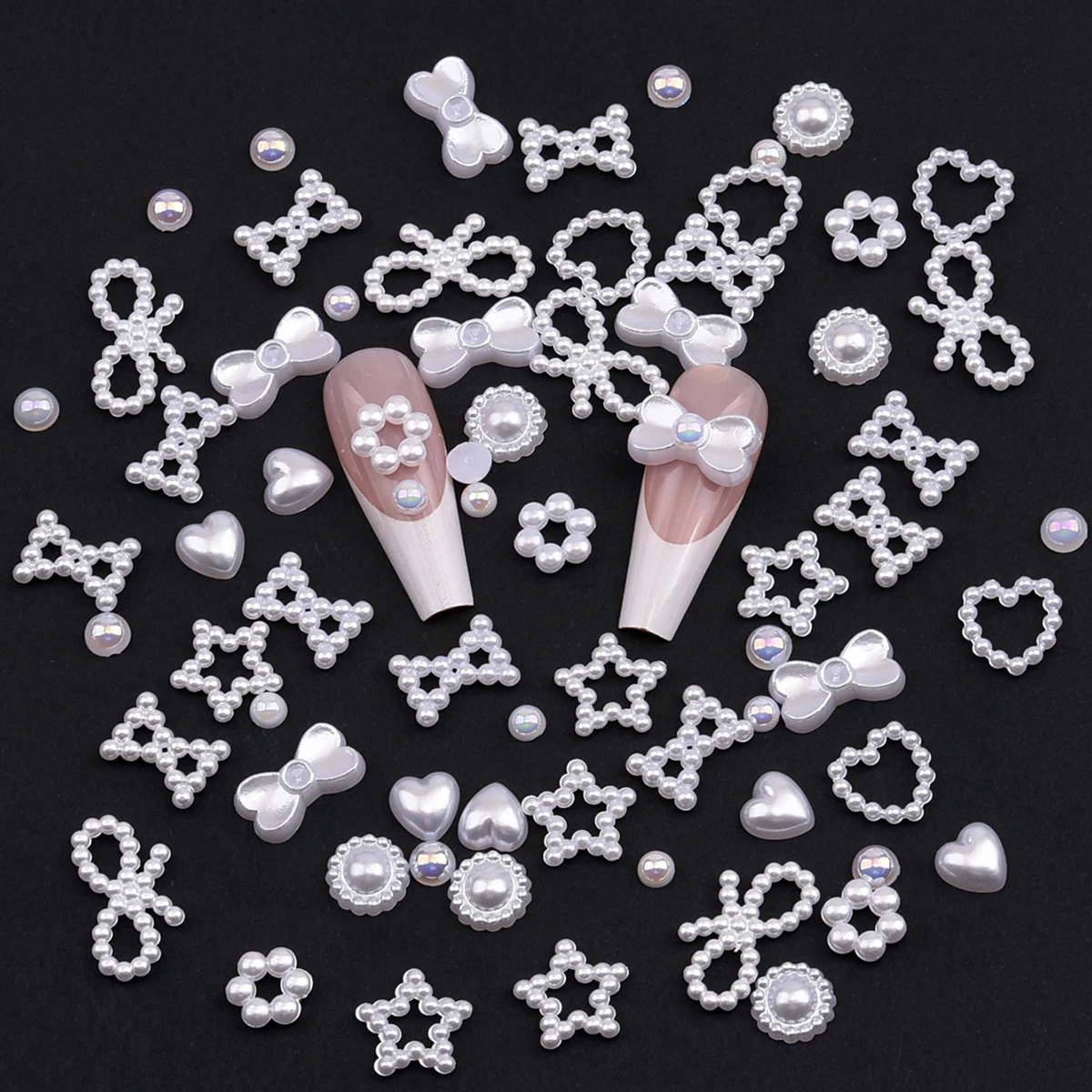 150~180pcs Pearl Nail Charms Assortment Heart Bows Star Shaped White Pink 3d Nail Decoration Bulk Accessories Supply NJ23922