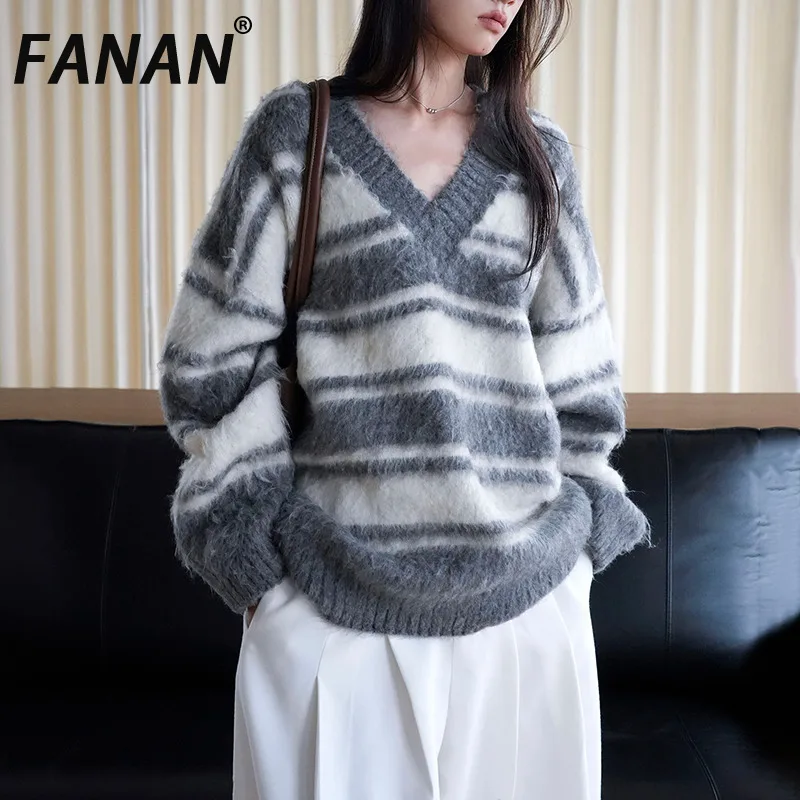 FANAN Women V Neck Striped Fuzzy Knit Sweater Loose Long Sleeve Pullover Soft Fluffy Casual Autumn Winter Jumper