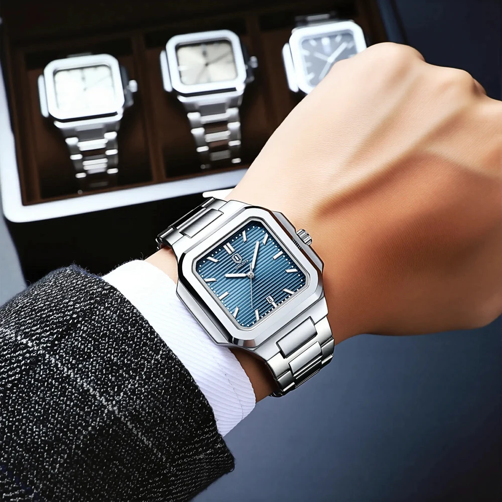 QINGXIYA العلامة التجارية مربع موضة رجل ساعة اليد مقاوم للماء مضيئة تاريخ كوارتز ساعات رجالي الفولاذ المقاوم للصدأ ساعة رجالية فاخرة Reloj