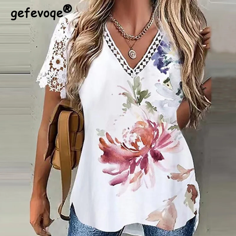 

Women Summer Sexy Hollow Lace Patchwork Vintage Floral Printed Elegant T Shirt Female Fashion Short Sleeve Loose Tunic Tops Ropa