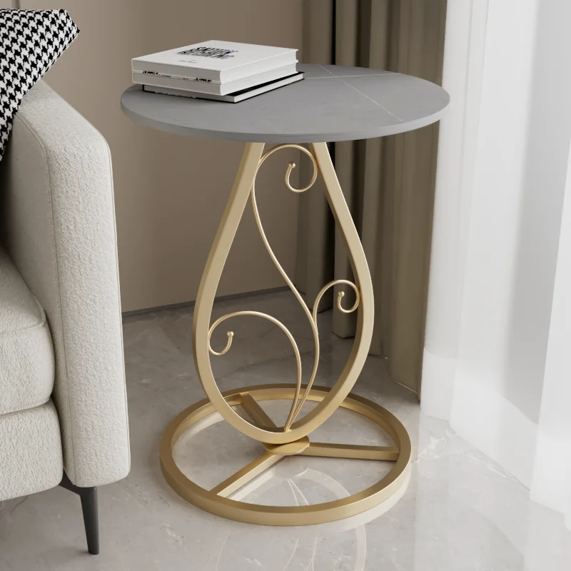 

Modern Simple Wrought Iron Corner Mesa Living Room Bedroom Bedside Side Cabinet Small House Stone Slab Metal Round Coffee Table