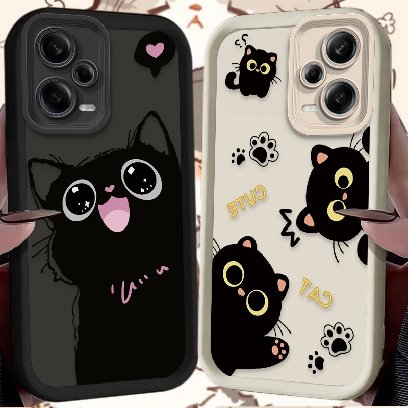 Cute Love Heart Black Cat Matte Phone Case for Xiaomi Redmi Note 15 14 13 12 11 10 Pro Plus 5G 14S 12S 11S 10S 4G Silicone Cover