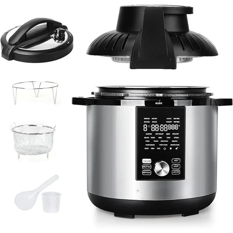 

8Qt Pressure Cooker & Air Fryer Combo with Pressure Lid and Air-Fry Lid - 7-in-1 cooking Modes, Easy Read LCD Display,