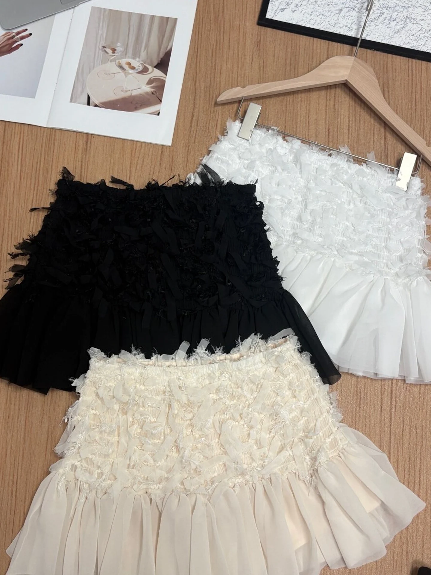 Romantic Tassel Trim Half-length Skirt Women's A-line Anti-exposure Chiffon Floral Lace Splicing Short Skirt Date Wear