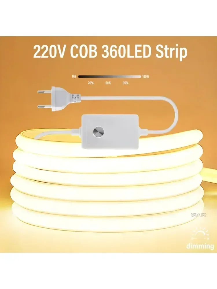 COB LED Strip Licht 110 V 220 V Super Heldere 360 LEDs/m waterdicht Met EU/US Voeding schakelaar Flexibele Buitenlamp 1 M-100 M - afbeelding 2