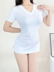 Sexy Loose Long T-shirt Summer Solid Color Short Sleeve Dress Elegant Fashion Sexy Korean Women T Shirt Mini Dress 2024 New NJ85