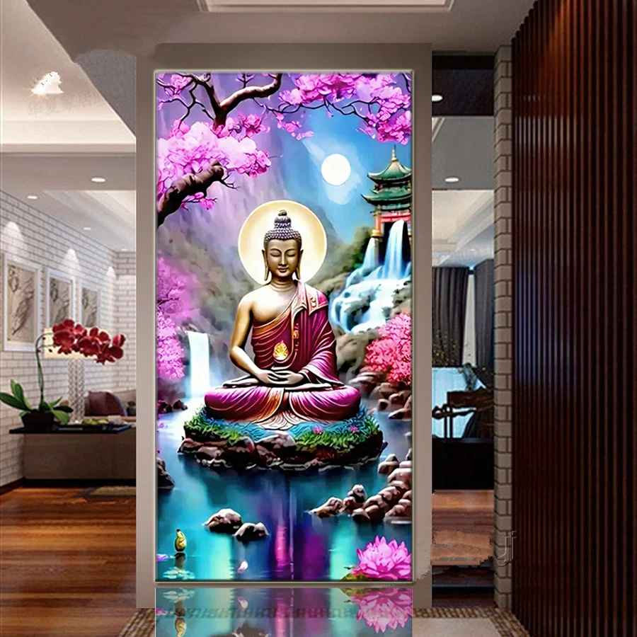 5D DIY Diamond Painting Kit Lotus Buddha Diamond Embroidery waterfall Temple cherry blossoms Full mosaic Cross Stitch Home Decor