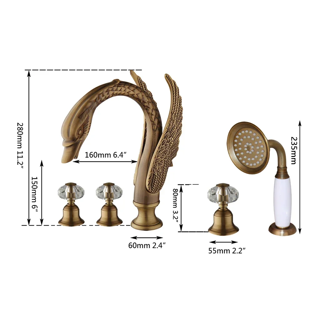 KEMAIDI Widespread Swan Bathtub Faucet Tub Mixer Tap Deck Mounted 3 Handle Swan Bath Shower Set with Pull Out Handshower Head