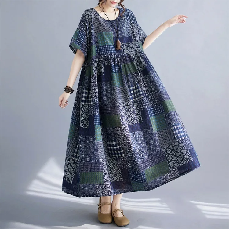 Plus Size Bohemian Print Maxi Long Dress for Women Floral Casual Cotton Linen Loose Vintage Vestidos Para Mujer Robe Dresses