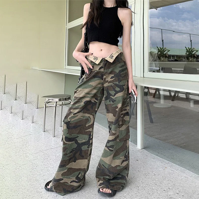 

American Retro Street Overalls Women's Camouflage Spicy Girl Casual Straight Leg Wide Leg Pants Loose High Waisted Jeans