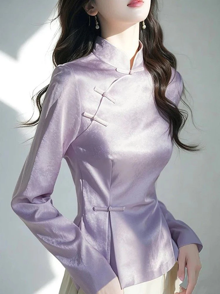 

Retro Chinese Sle Purple Silk irt Women's Spring 2025 Stand Collar Long Sve Button up Loose Fit Commute Sle Top