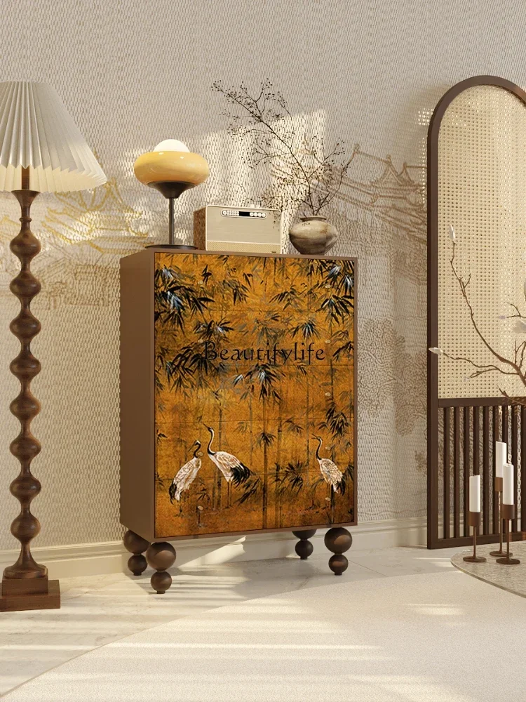 

LJY*Retro Solid Wood Chest of Drawers Mid-Ancient Painted Crane Bamboo Forest Decorative Drawer Storage Cabinet